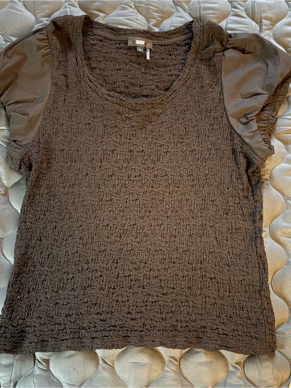 DKNY Black Textured Short Sleeve Puff-Sleeve Top